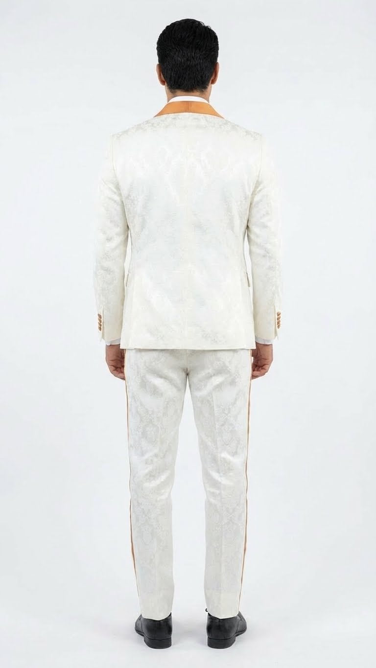 Men's Ivory and Gold Jacquard Tuxedo Suit + Bowtie – Formal Wedding, Prom, and Gala Outfit in Cream Off White color - Image 4