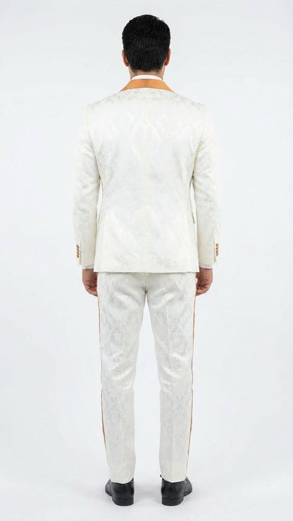 Men's Ivory and Gold Jacquard Tuxedo Suit + Bowtie – Formal Wedding, Prom, and Gala Outfit in Cream Off White color - Image 4