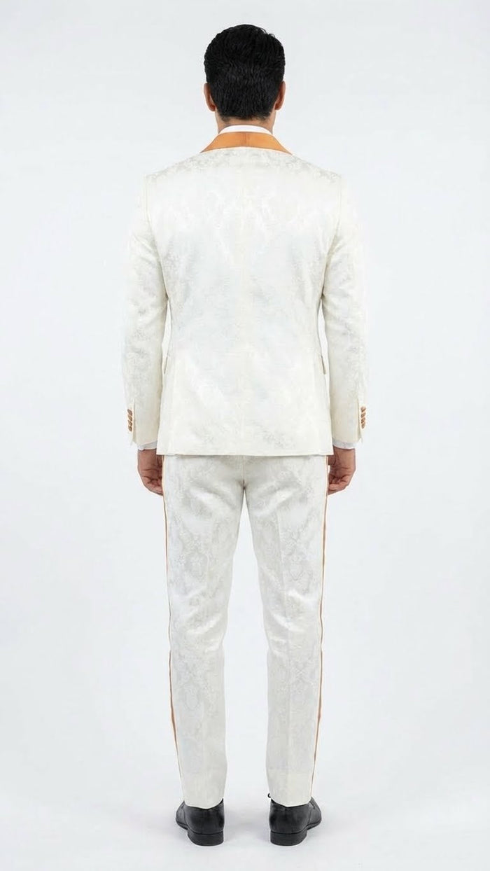 Men's Ivory and Gold Jacquard Tuxedo Suit + Bowtie – Formal Wedding, Prom, and Gala Outfit in Cream Off White color - Image 4