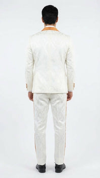 Men's Ivory and Gold Jacquard Tuxedo Suit + Bowtie – Formal Wedding, Prom, and Gala Outfit in Cream Off White color - Image 4
