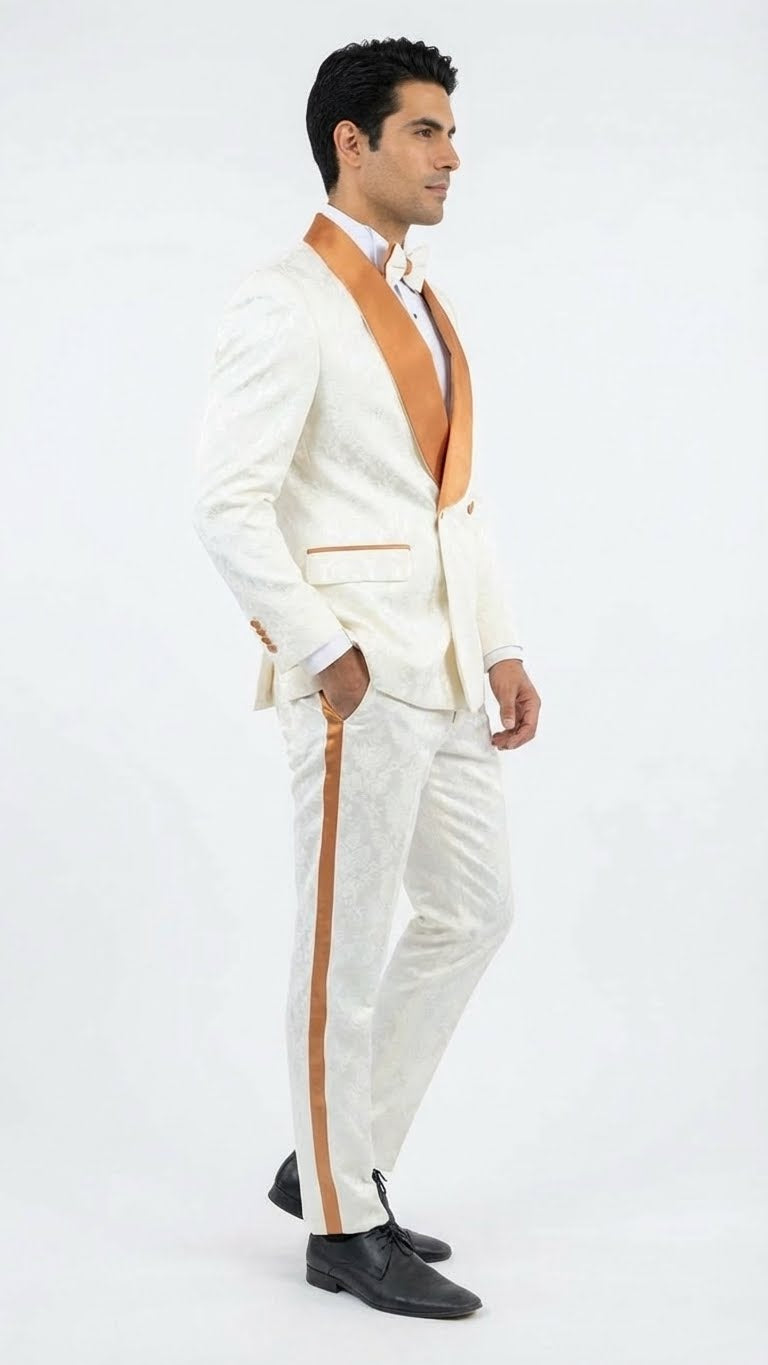 Men's Ivory and Gold Jacquard Tuxedo Suit + Bowtie – Formal Wedding, Prom, and Gala Outfit in Cream Off White color - Image 7