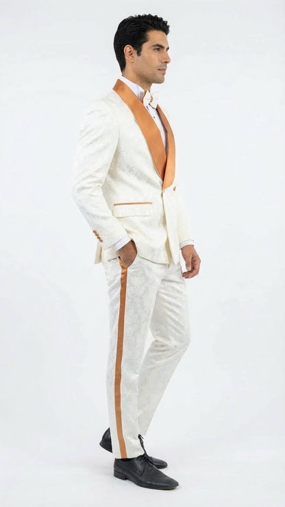 Men's Ivory and Gold Jacquard Tuxedo Suit + Bowtie – Formal Wedding, Prom, and Gala Outfit in Cream Off White color - Image 7