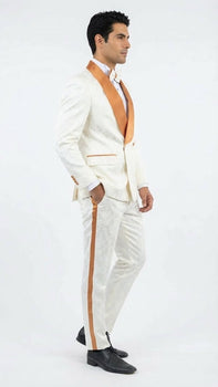 Men's Ivory and Gold Jacquard Tuxedo Suit + Bowtie – Formal Wedding, Prom, and Gala Outfit in Cream Off White color - Image 7