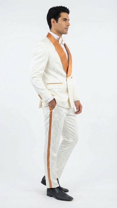 Men's Ivory and Gold Jacquard Tuxedo Suit + Bowtie – Formal Wedding, Prom, and Gala Outfit in Cream Off White color