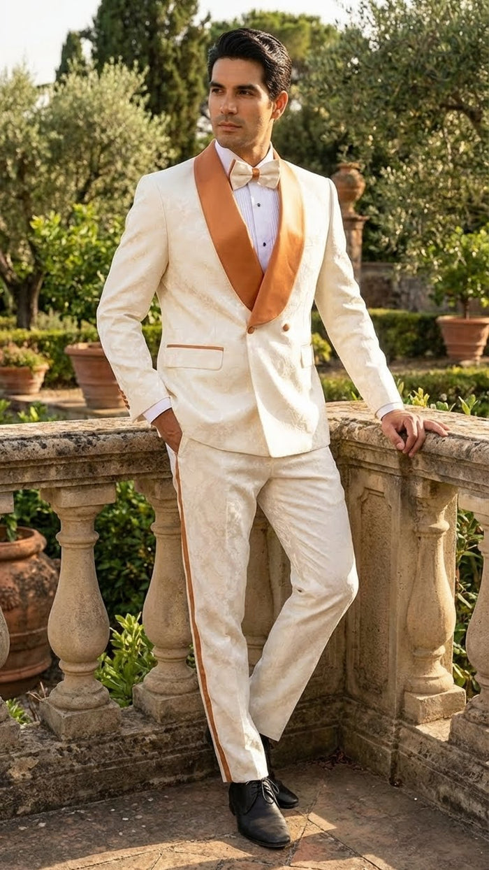 Men's Ivory and Gold Jacquard Tuxedo Suit + Bowtie – Formal Wedding, Prom, and Gala Outfit in Cream Off White color - Image 6