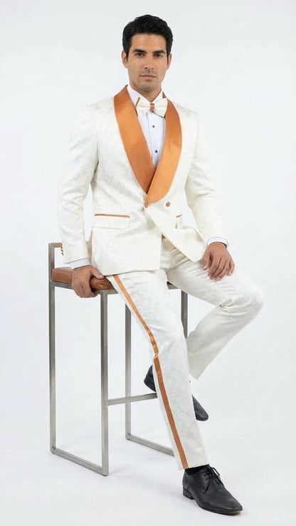 Men's Ivory and Gold Jacquard Tuxedo Suit + Bowtie – Formal Wedding, Prom, and Gala Outfit in Cream Off White color - Image 8