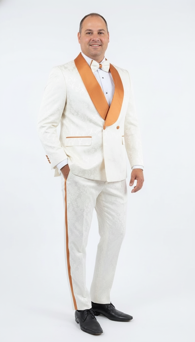Men's Ivory and Gold Jacquard Tuxedo Suit + Bowtie – Formal Wedding, Prom, and Gala Outfit in Cream Off White color - Image 2