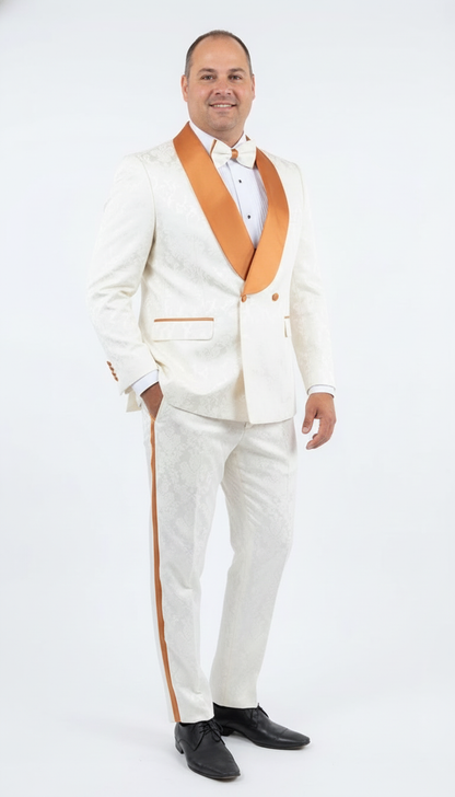 Men's Ivory and Gold Jacquard Tuxedo Suit + Bowtie – Formal Wedding, Prom, and Gala Outfit in Cream Off White color - Image 2