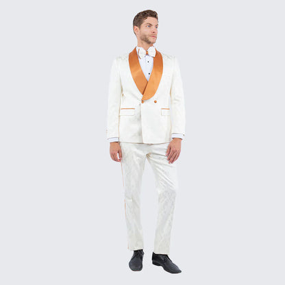 Men's Ivory and Gold Jacquard Tuxedo Suit + Bowtie – Formal Wedding, Prom, and Gala Outfit in Cream Off White color - Image 5