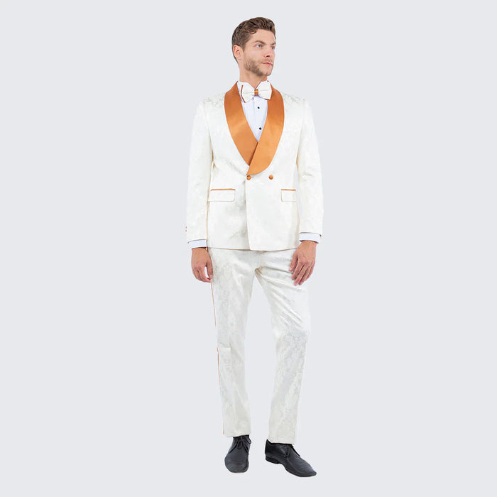 Men's Ivory and Gold Jacquard Tuxedo Suit + Bowtie – Formal Wedding, Prom, and Gala Outfit in Cream Off White color - Image 5