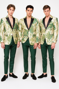 Men’s Ivory and Green Suit Floral Embroidered Tuxedo Jacket with Black Satin Lapel – Designer Blazer for Weddings With Hutner Green Pants