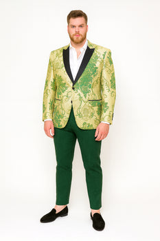 Men’s Ivory and Green Suit Floral Embroidered Tuxedo Jacket with Black Satin Lapel – Designer Blazer for Weddings With Hutner Green Pants