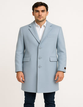 Men’s Light Blue Wool Overcoat – Classic Single-Breasted Long Coat - Sky Blue Carcoat Wool Fabric