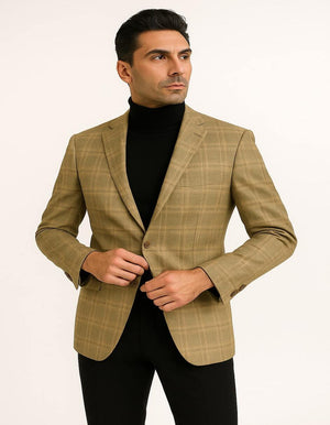 Men's Light Brown Plaid Sport Coat – Classic Check Blazer for Business and Casual Wear in Tan Windowpane Taupe Color - Image 2
