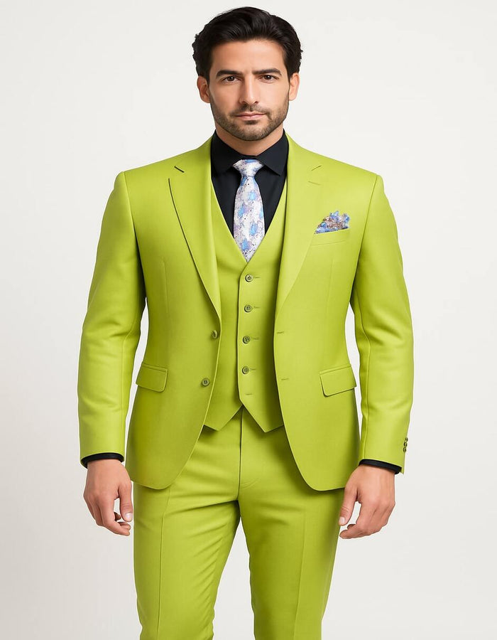 Men's Lime Green Three-Piece Suit with Floral Tie – Slim Fit Tuxedo for Weddings & Parties - Image 3