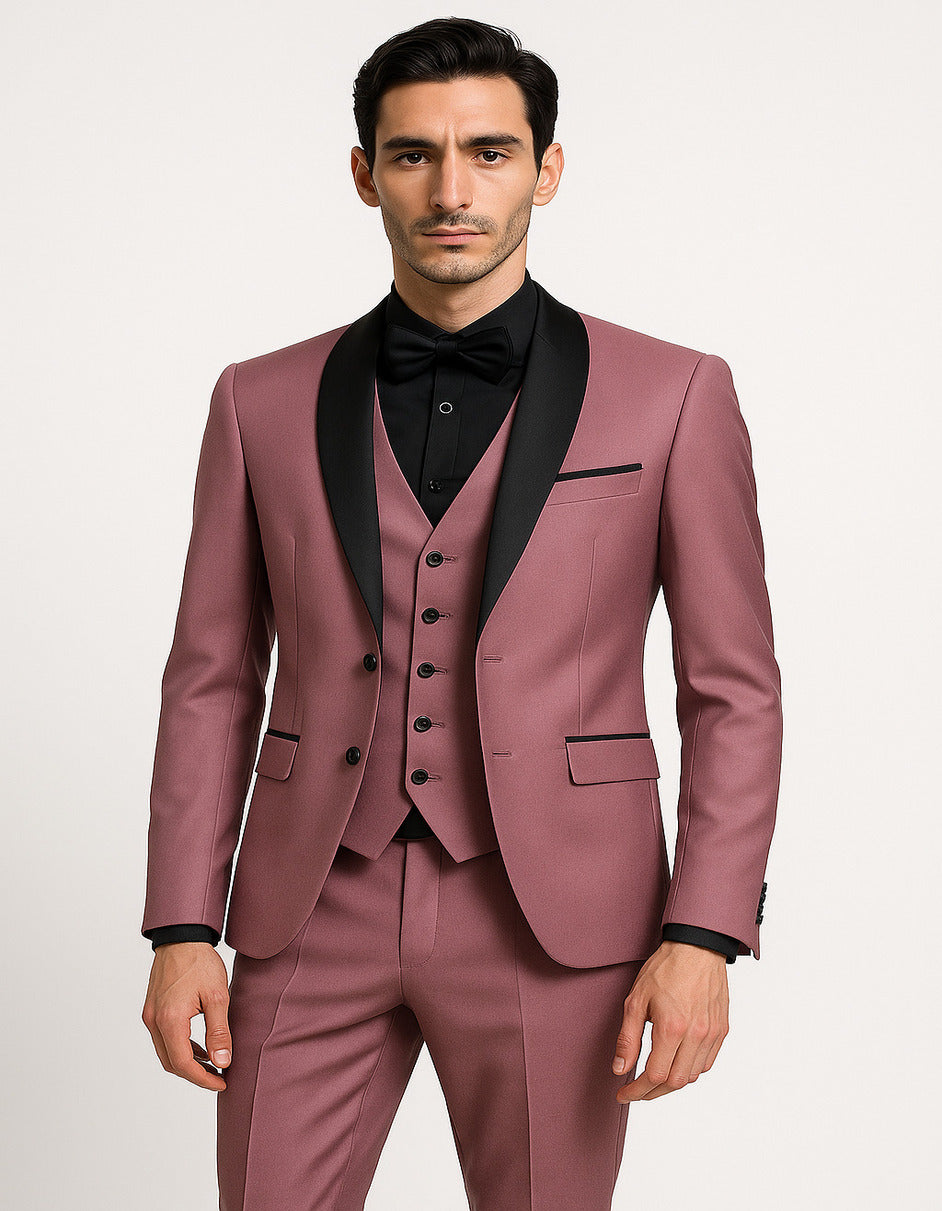Men's Mauve Pink Tuxedo Suit – 3-Piece Slim Fit with Black Satin Shawl Lapel - Image 6