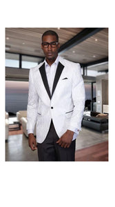 Men's One Button Shiny Black Lapel 100% WOVEN 3X White Dinner Jacket~ Sport Coat Fancy Blazer Two Toned Fashion Tuxedo For Men