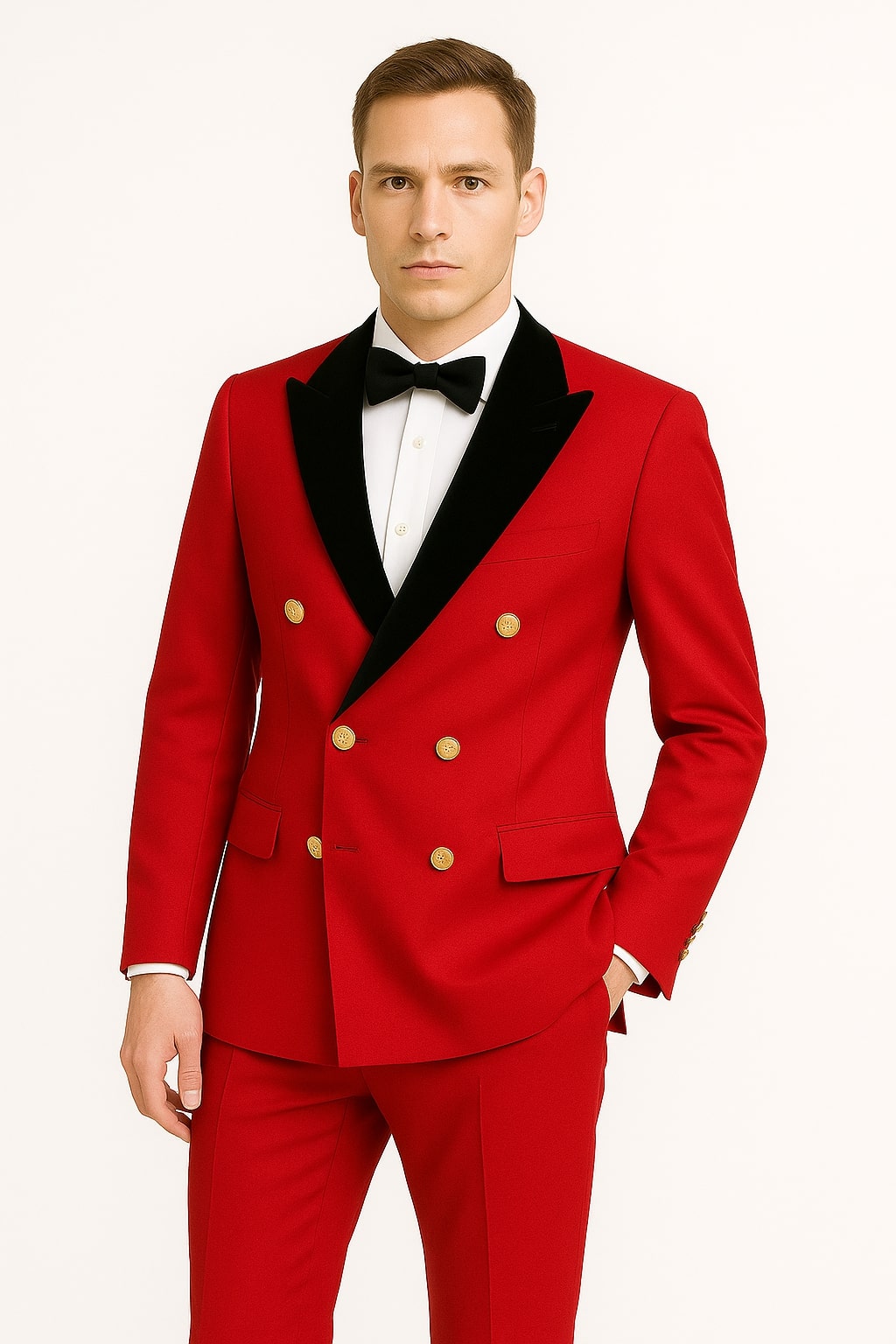 Men's Red Double-Breasted Wedding Tuxedo with Black Velvet Lapel and Gold Buttons - Christmas New Year Suit - Image 2