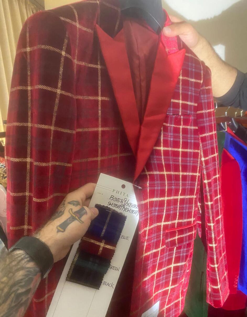Men's Red Velvet Plaid Blazer with Satin Lapel – Designer Tartan Suit Jacket for Holidays and Events - Image 5