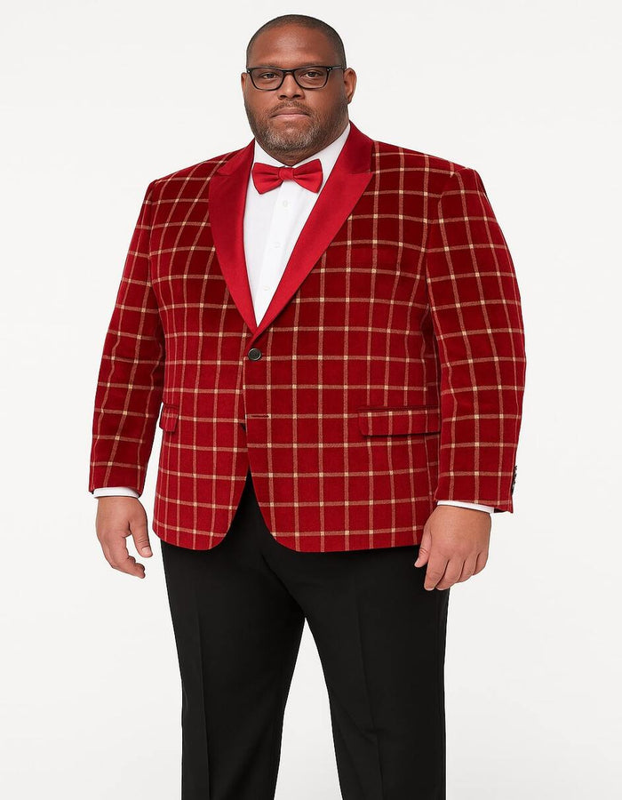 Men's Red Velvet Plaid Blazer with Satin Lapel – Designer Tartan Suit Jacket for Holidays and Events - Image 3