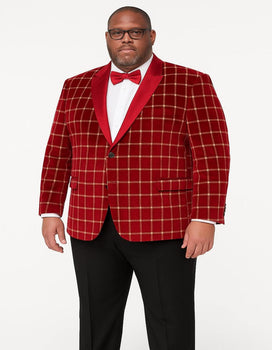 Men's Red Velvet Plaid Blazer with Satin Lapel – Designer Tartan Suit Jacket for Holidays and Events - Image 3