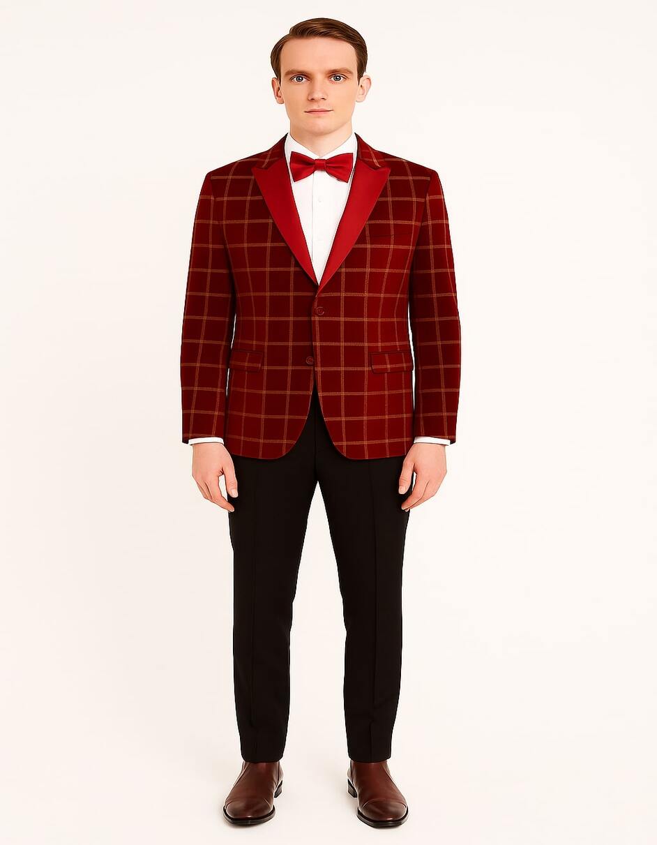 Men's Red Velvet Plaid Blazer with Satin Lapel – Designer Tartan Suit Jacket for Holidays and Events - Image 4