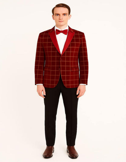 Men's Red Velvet Plaid Blazer with Satin Lapel – Designer Tartan Suit Jacket for Holidays and Events - Image 4
