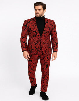 Men’s Red and Black Floral Tuxedo Suit – Slim Fit 2 Piece Embroidered Outfit for Weddings, Prom, and Formal Events