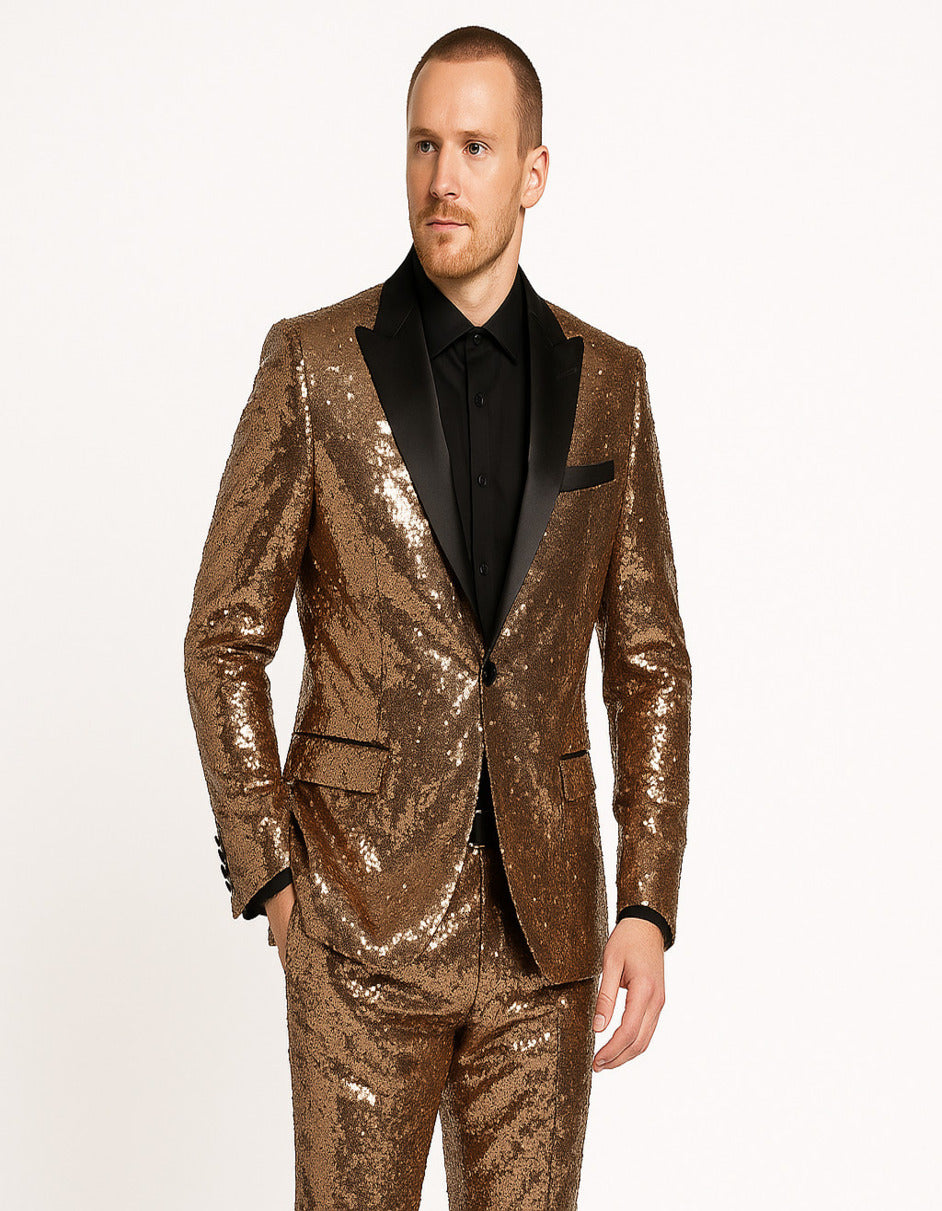 Men's Rose Gold Sequin Tuxedo Suit with Black Satin Lapel – Luxury Slim Fit Blazer for Parties and Events - Image 2