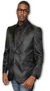 Men's Shiny Paisley Black 2 Button Side Vents Entertainer Jacket