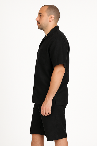 Men's Shirt And Shorts Black Two Piece Casual Set Walking Leisure Suit - Mens Linen Suit - Image 4
