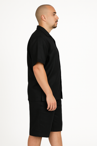 Men's Shirt And Shorts Black Two Piece Casual Set Walking Leisure Suit - Mens Linen Suit