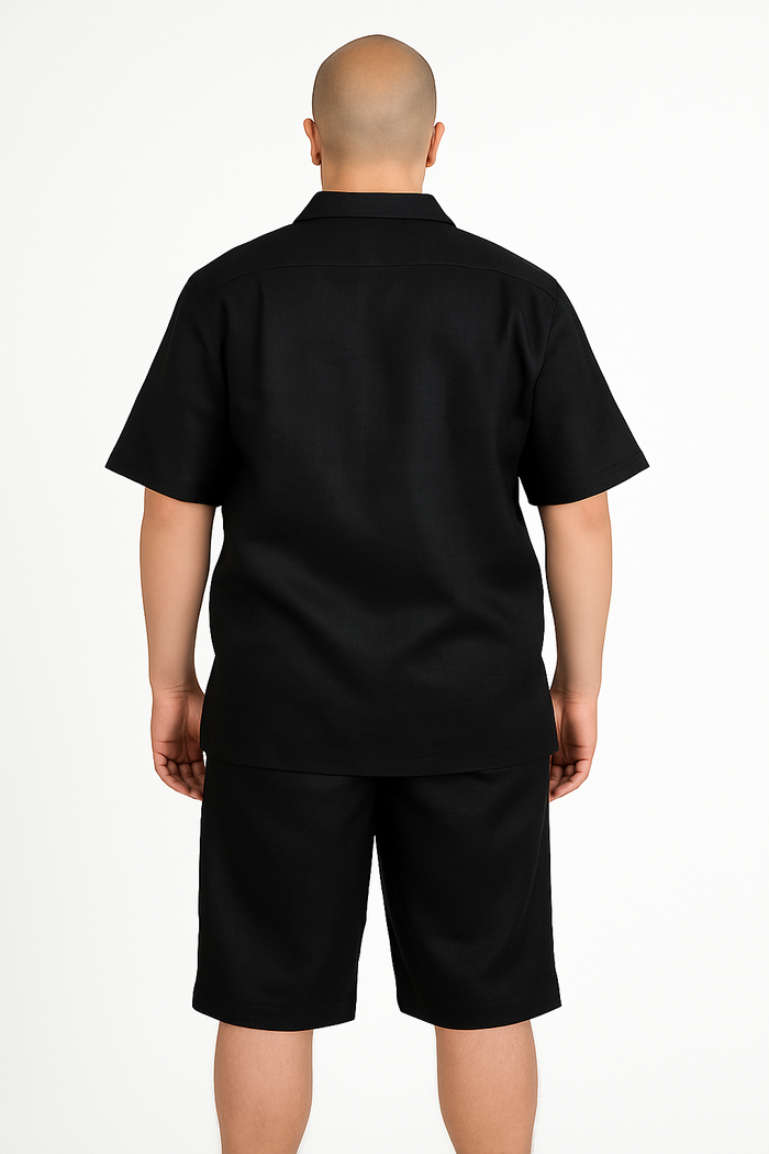 Men's Shirt And Shorts Black Two Piece Casual Set Walking Leisure Suit - Mens Linen Suit - Image 3