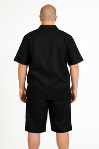 Men's Shirt And Shorts Black Two Piece Casual Set Walking Leisure Suit - Mens Linen Suit
