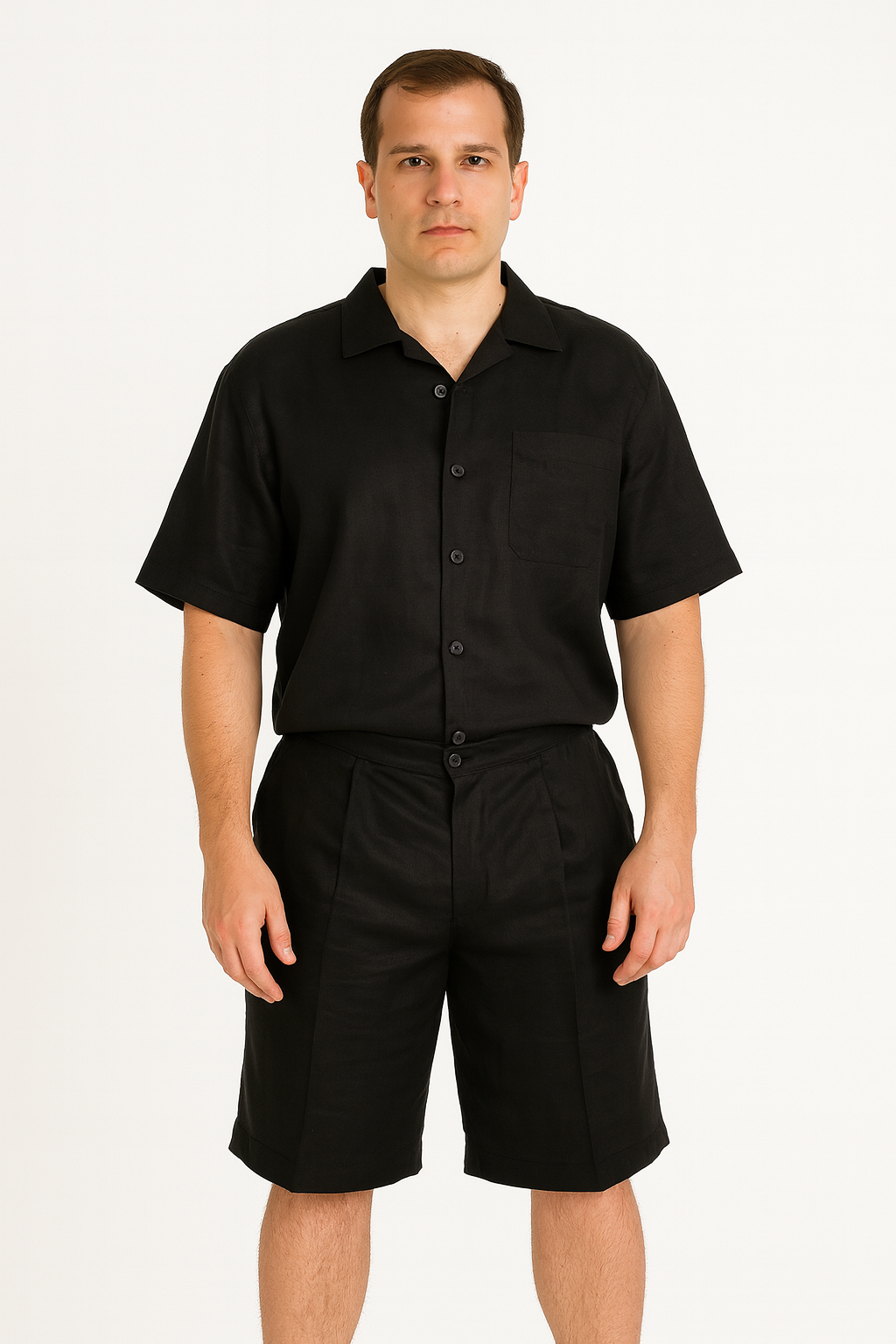 XXXXXL Men's Shirt And Shorts Black Two Piece Casual Set Walking Leisure Suit