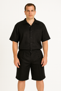 Men's Shirt And Shorts Black Two Piece Casual Set Walking Leisure Suit - Mens Linen Suit