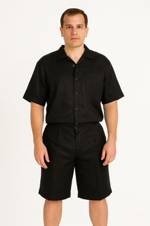 Men's Shirt And Shorts Black Two Piece Casual Set Walking Leisure Suit - Mens Linen Suit
