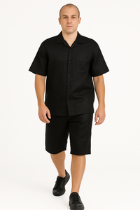 Men's Shirt And Shorts Black Two Piece Casual Set Walking Leisure Suit - Mens Linen Suit