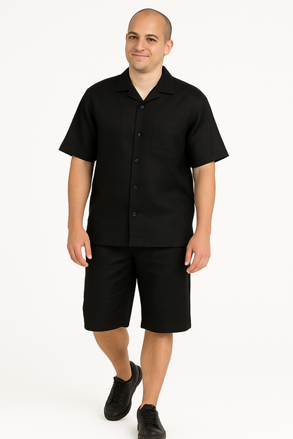 Men's Shirt And Shorts Black Two Piece Casual Set Walking Leisure Suit - Mens Linen Suit - Image 6