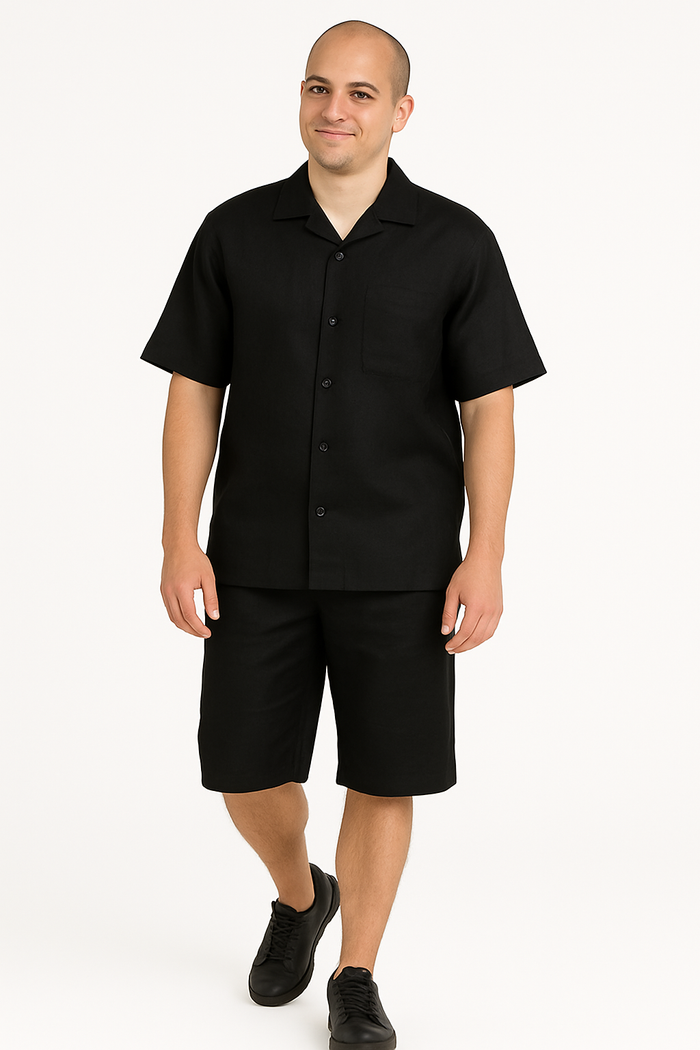 Men's Shirt And Shorts Black Two Piece Casual Set Walking Leisure Suit - Mens Linen Suit - Image 6