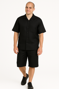 Men's Shirt And Shorts Black Two Piece Casual Set Walking Leisure Suit - Mens Linen Suit