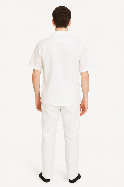 Men's Short Sleeve 100% Linen 2 Piece With Pleated Pant White Shirt  Walking Leisure Suit - Image 2