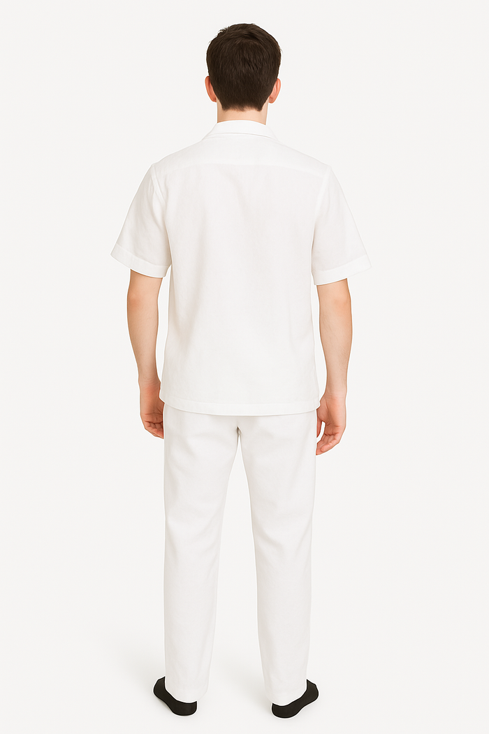 Men's Two Piece Shirt And White Casual Set Walking Leisure Suit - Mens Linen Suit - Image 3