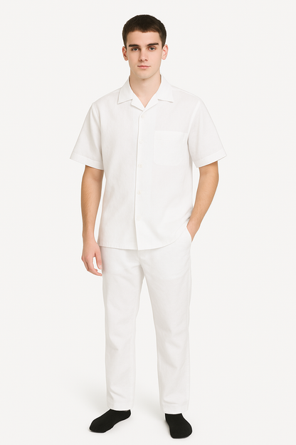 Men's Two Piece White Linen Short Sleeve Big Size Casual Casual Two Piece Mens Walking Outfit For Sale Pant Sets Suit all white outfits for men