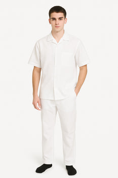 Men's Two Piece Shirt And White Casual Set Walking Leisure Suit - Mens Linen Suit