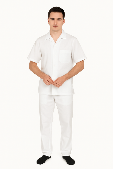 Men's Short Sleeve 100% Linen 2 Piece With Pleated Pant White Shirt  Walking Leisure Suit