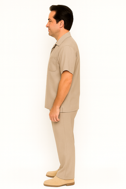 Men's Short Sleeve Khaki Plain Linen Casual Casual Two Piece Mens Walking Outfit For Sale Pant Sets Suit Pleated Pant - Mens Linen Suit - Image 3