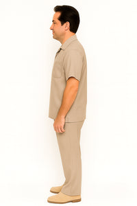 Men's Short Sleeve Khaki Plain Linen Casual Casual Two Piece Mens Walking Outfit For Sale Pant Sets Suit Pleated Pant - Mens Linen Suit