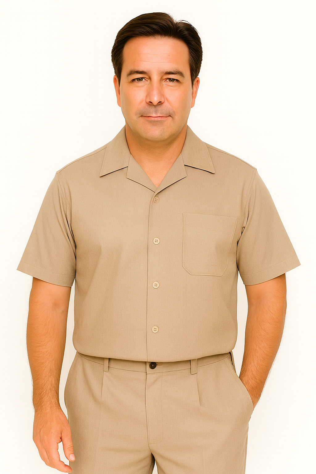 Men's Short Sleeve Khaki Plain Linen Casual Casual Two Piece Mens Walking Outfit For Sale Pant Sets Suit Pleated Pant - Mens Linen Suit - Image 5