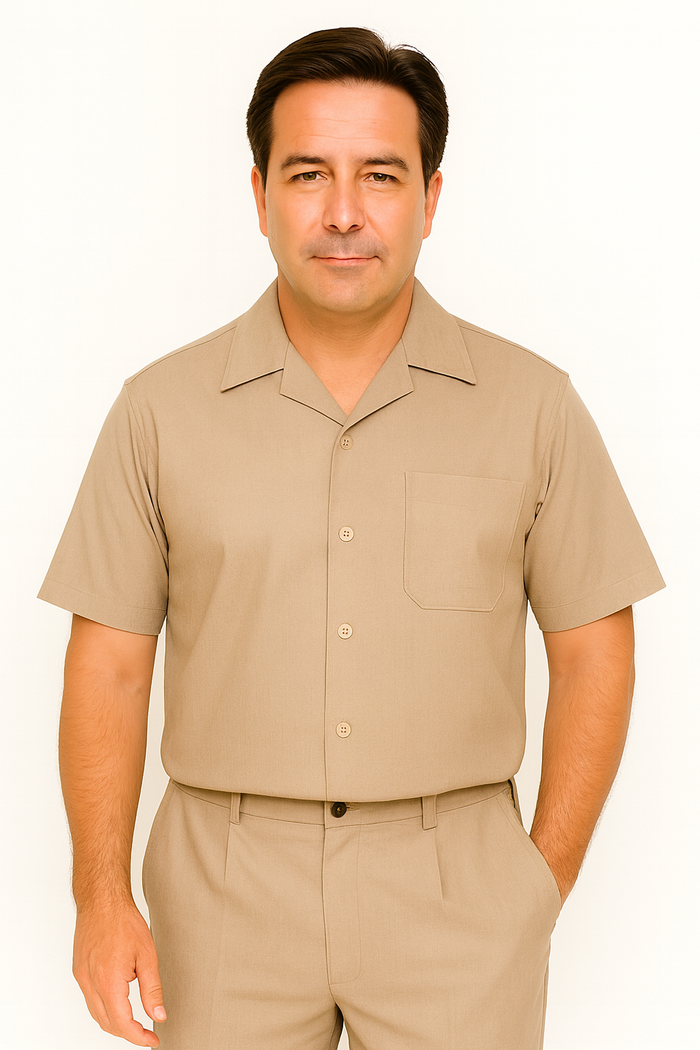Men's Short Sleeve Khaki Plain Linen Casual Casual Two Piece Mens Walking Outfit For Sale Pant Sets Suit Pleated Pant - Mens Linen Suit - Image 5